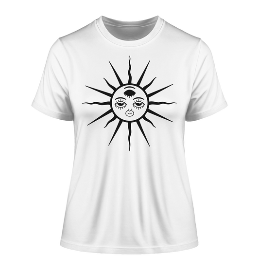 Vegan & Organic Ladies Shirt: Third Eye Awakening (bedruckt mit Sonne mit Gesicht und drei Augen, Hippie, Goa, Rave, Sommer, Alternativ, Festival) in weiß