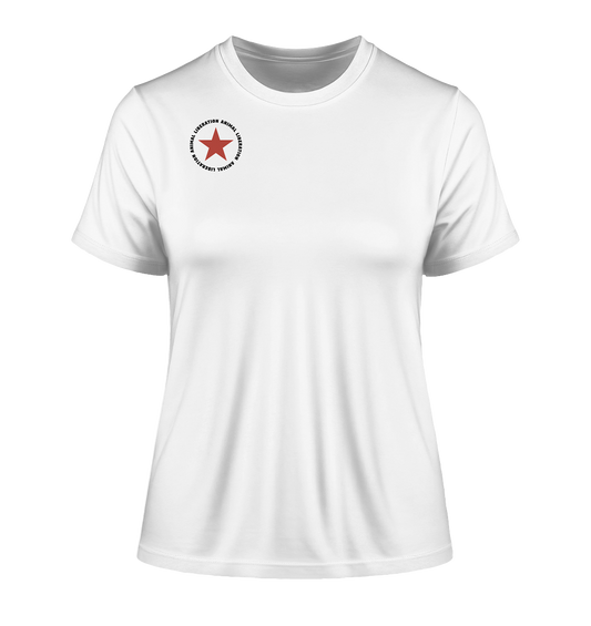 Vegan & Organic Ladies Shirt: Red Star with Animal Liberation (bedruckt mit großem roten Stern und Schriftzug darum, Vegan Merch, Veganismus, Animal Rights) in weiß