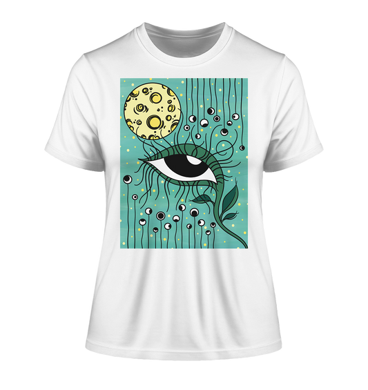 Vegan & Organic Ladies Shirt: Auge, Mond und Sterne (bedruckt mit abstrakter Kunst, viele Augen, ein großes Auge als Pflanze, Mond und Sterne, Hintergrund türkis, Comiclook, moderne Kunst, zeitgenössische Kunst, abstrakt, Kleidung mit Kunstwerk) in weiß