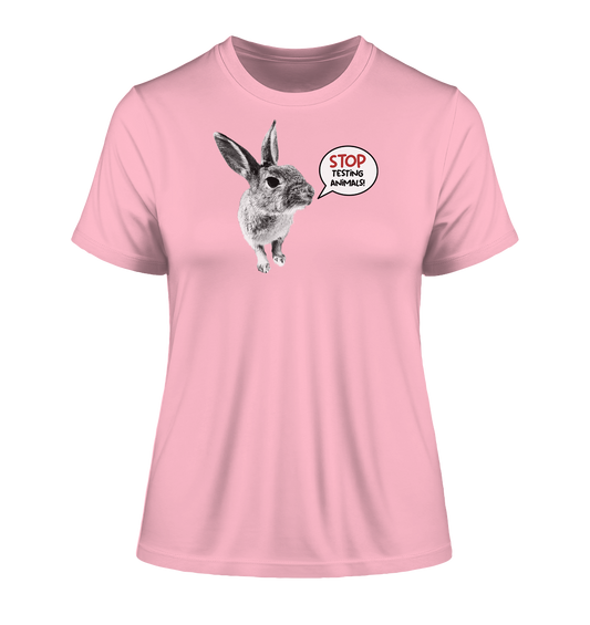 Vegan & Organic Ladies Shirt: Rabbit - Stop Testing Animals! (bedruckt mit Foto von einem Hase mit Sprechblase, stoppt Tierversuche gegen Tierversuche, Veganismus) in rosa