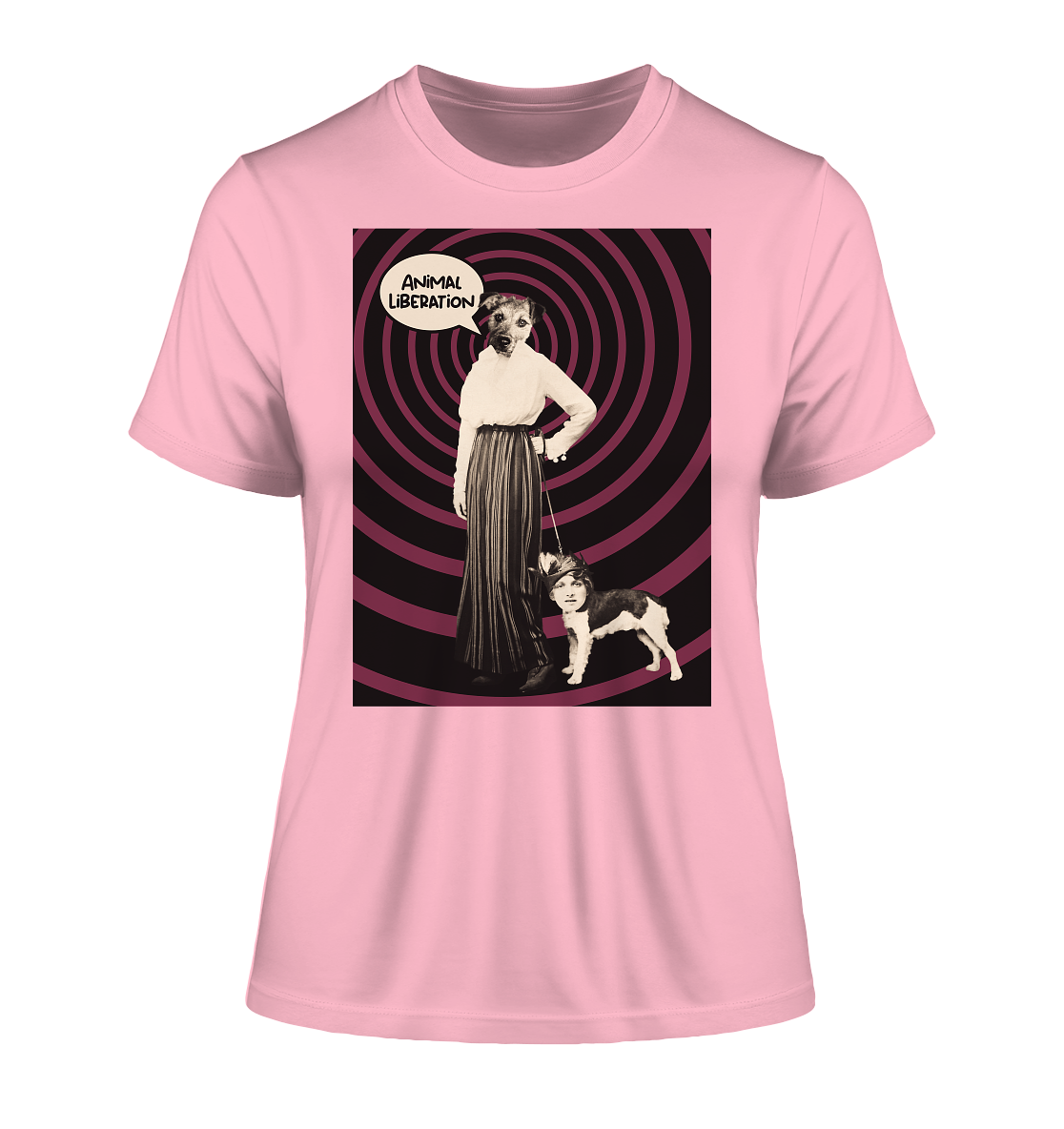 Vegan & Organic Ladies Shirt: Doglady - Animal Liberation (bedruckt mit Frau und Hund an der Leine, aber die Köpfe sind vertauscht, Sprechblase und lila schwarze Spirale im Hintergrund, digitale Collage mit alter Fotografie, Vegan Merch, Veganismus, Tierrechte) in rosa