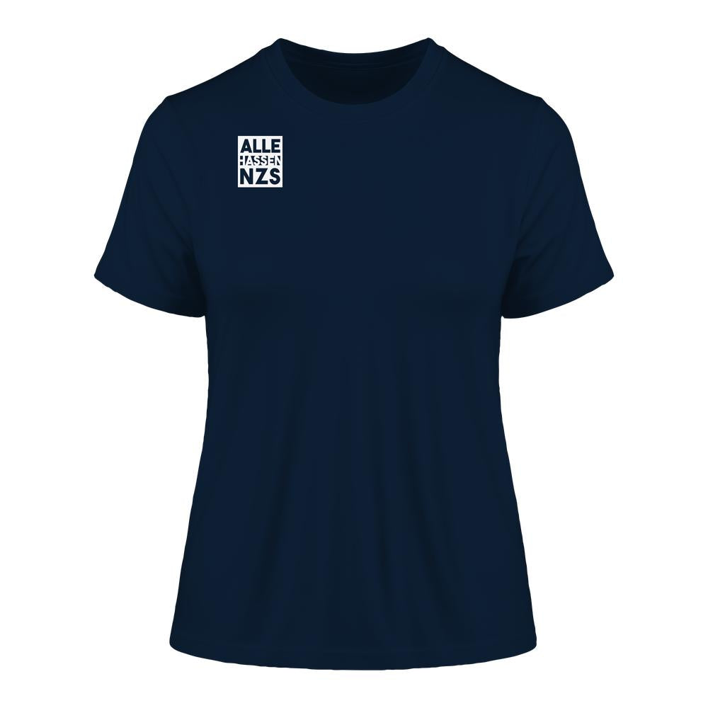 Damen-Shirt Vegan und Bio Ladies Shirt: ALLE HASSEN NZS! mit weißem Logo auf der Brust, betont Nachhaltigkeit und rebellisches Design aus 100% Biobaumwolle.