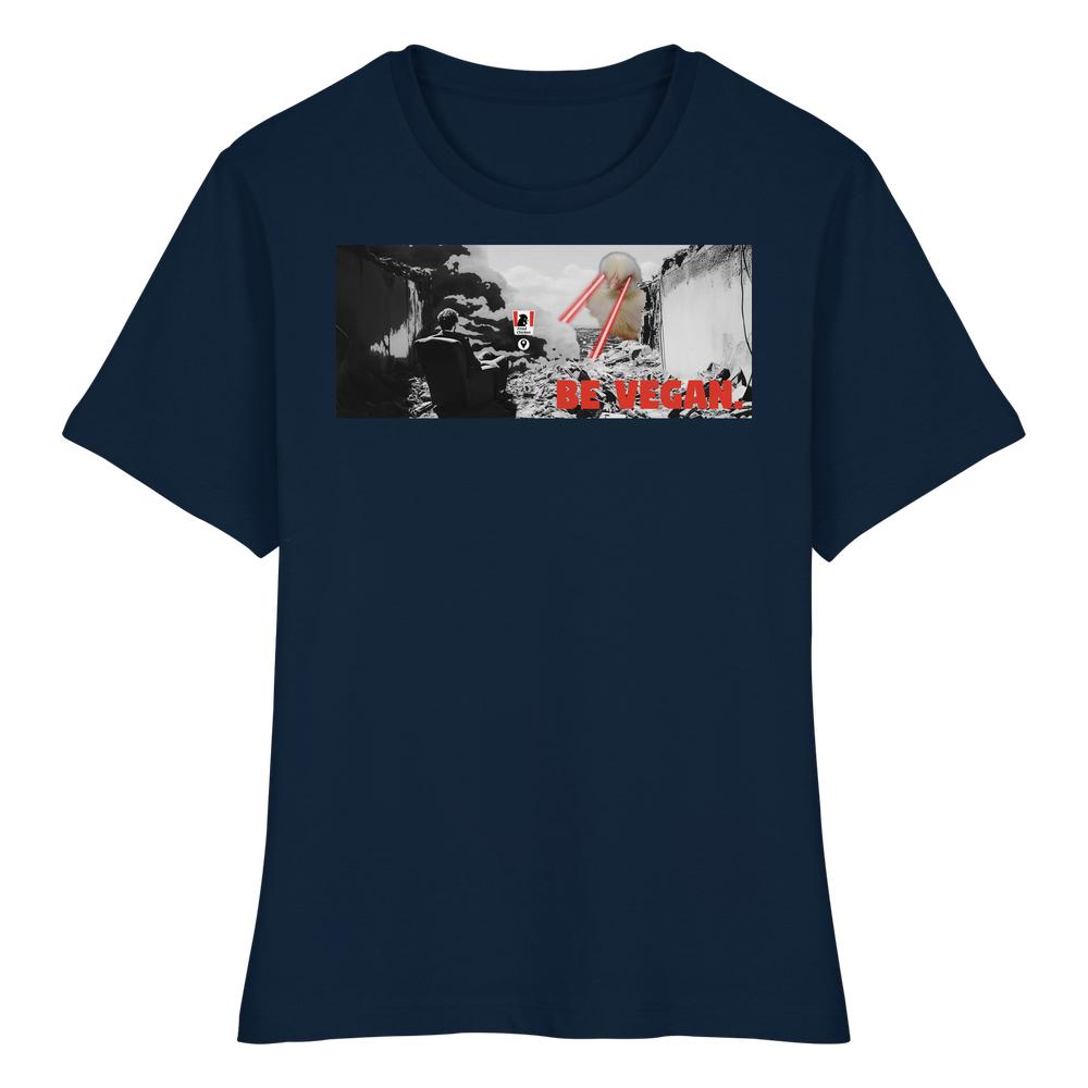 Vegan und Bio Ladies Shirt: BE VEGAN. - Angry bird. Navy-blaues T-Shirt mit post-apokalyptischem Motiv und rotem Slogan, aus 100 % Bio-Baumwolle, enge Passform.