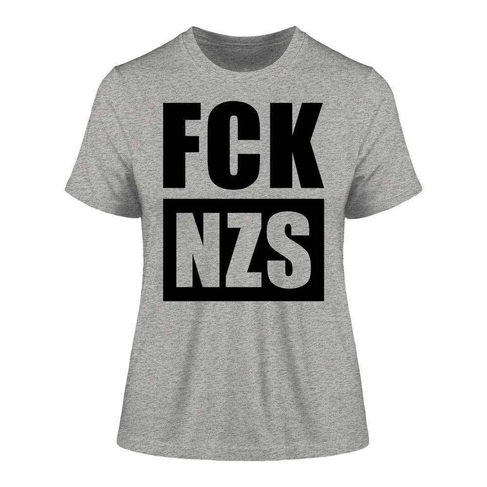 Heather-graues T-Shirt mit dem Aufdruck FCK NZS in großen, schwarzen Blockbuchstaben. Damen-Shirt aus 100% Bio-Baumwolle, enge Passform. Veganes, rebellisches Design von RUDE REBEL.