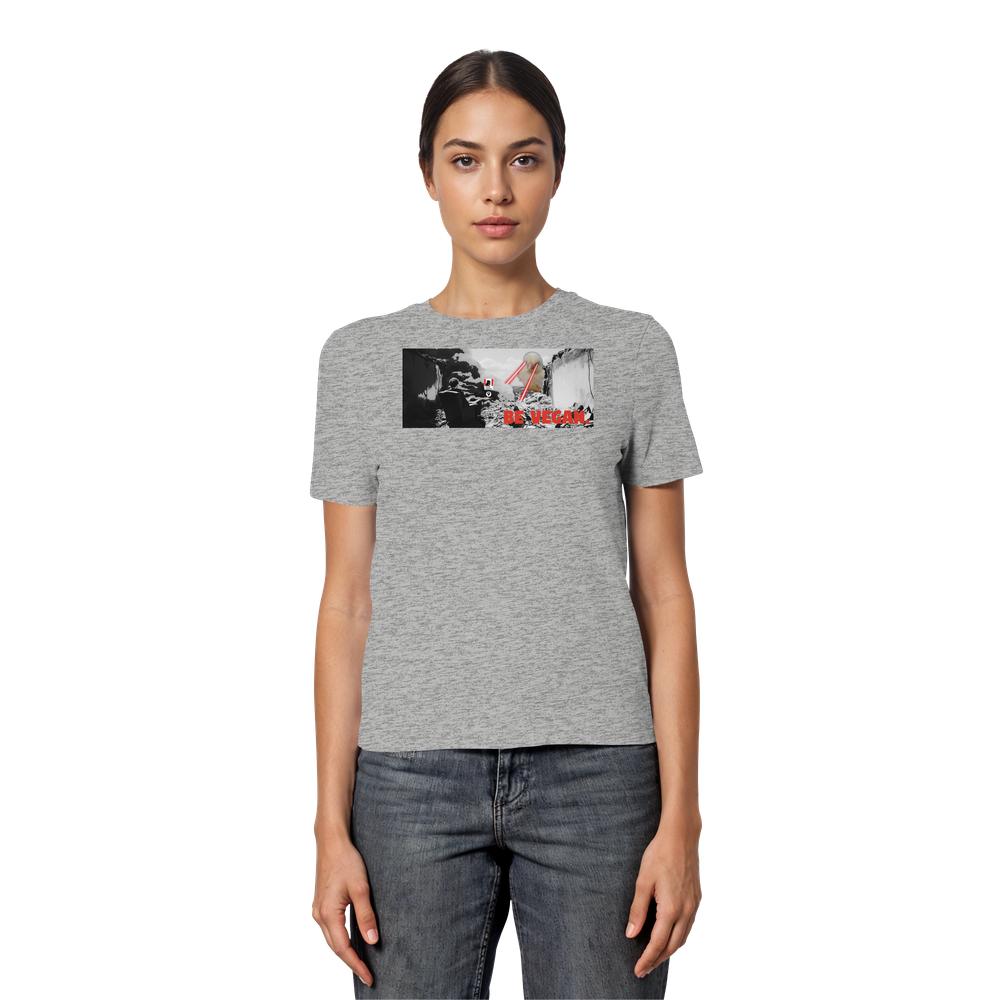 Frau trägt das Vegan und Bio Ladies Shirt BE VEGAN. - Angry bird mit rebellischem Design aus Bio-Baumwolle, betont vegane und nachhaltige Mode von RUDE REBEL.