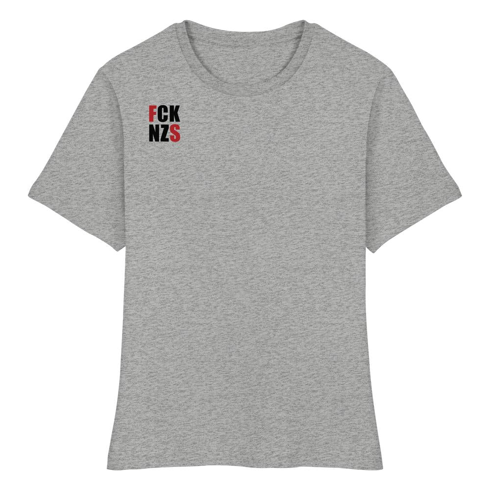 Heather-graues Bio-Damen-Shirt FCK NZS mit roten Highlights, eng geschnitten, aus 100% Bio-Baumwolle, rebellisches Design von RUDE REBEL, ideal für umweltbewusste Aktivisten.