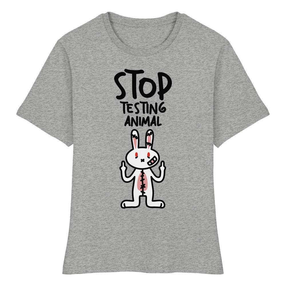 Vegan und Bio Ladies Shirt: Angry Rabbit - Animal Rights mit Cartoon-Hase, der den Mittelfinger zeigt, und dem Slogan „STOP TESTING ANIMAL“. 100 % Bio-Baumwolle, enge Passform.