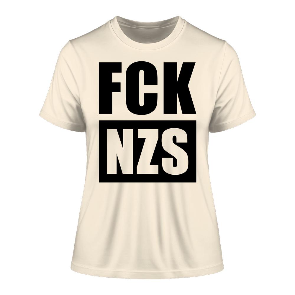 Vegan und Bio Ladies Shirt: FCK NZS in schwarz-weißem Design, aus 100% Bio-Baumwolle, eng anliegend geschnitten, rebellisches Statement gegen Rechts von RUDE REBEL.