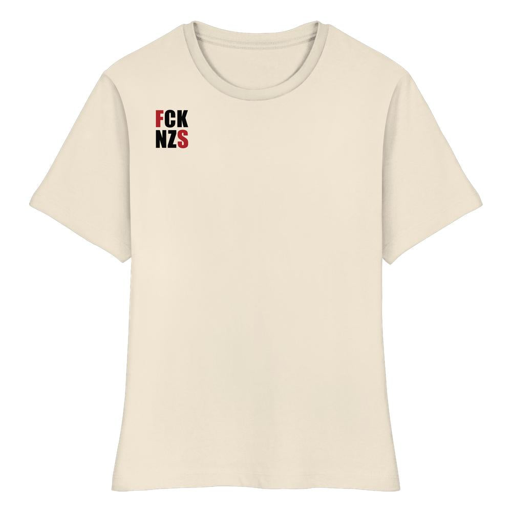 Vegan und Bio Ladies Shirt: FCK NZS, eng anliegend, aus Bio-Baumwolle, mit rotem und schwarzem Print FCK NZS auf der Brust, rebellisches Design von RUDE REBEL.