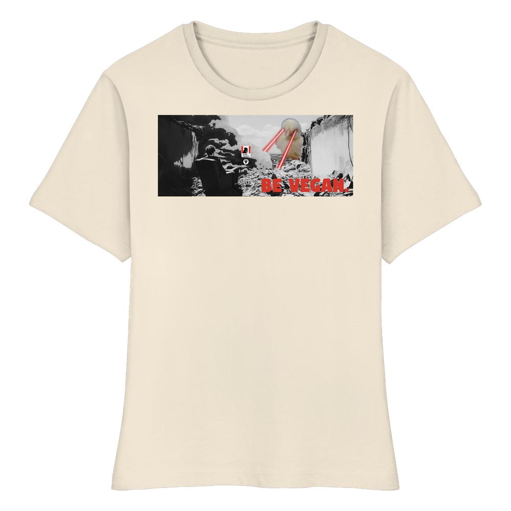 Veganes Bio-Damen-Shirt: BE VEGAN mit post-apokalyptischem Druck und gelbem Küken mit Laseraugen. Hergestellt aus 100% Bio-Baumwolle, enge Passform.