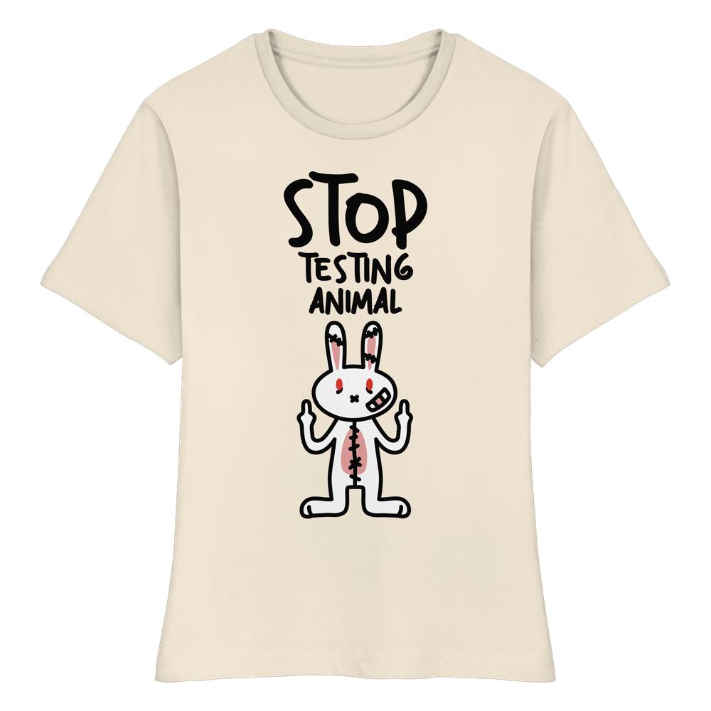 Vegan und Bio Ladies Shirt: Angry Rabbit - Animal Rights, zeigt ein protestierendes Kaninchen mit Narben, das gegen Tierversuche rebelliert. Hergestellt aus 100% Bio-Baumwolle.