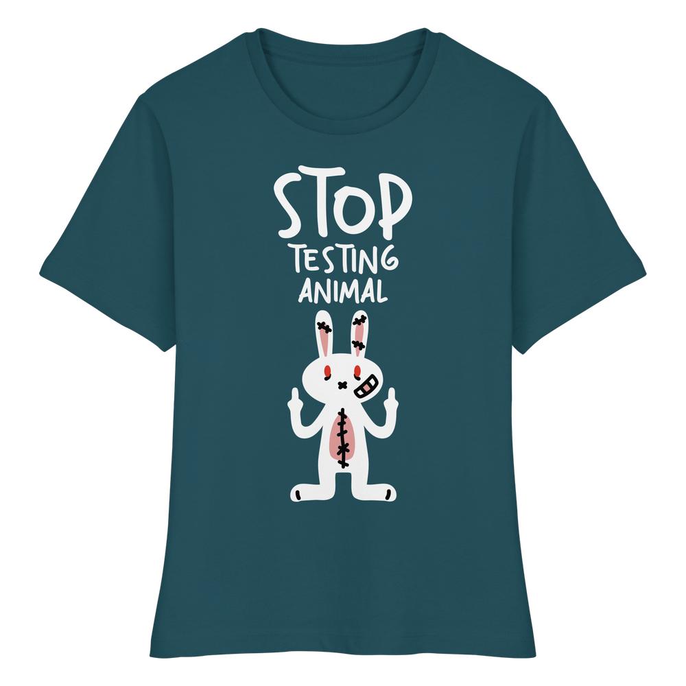 Vegan und Bio Ladies Shirt: Angry Rabbit - Animal Rights mit wütendem Cartoon-Kaninchen und STOP TESTING ANIMAL-Slogan, aus 100% Bio-Baumwolle, enge Passform, rebellisches Design.