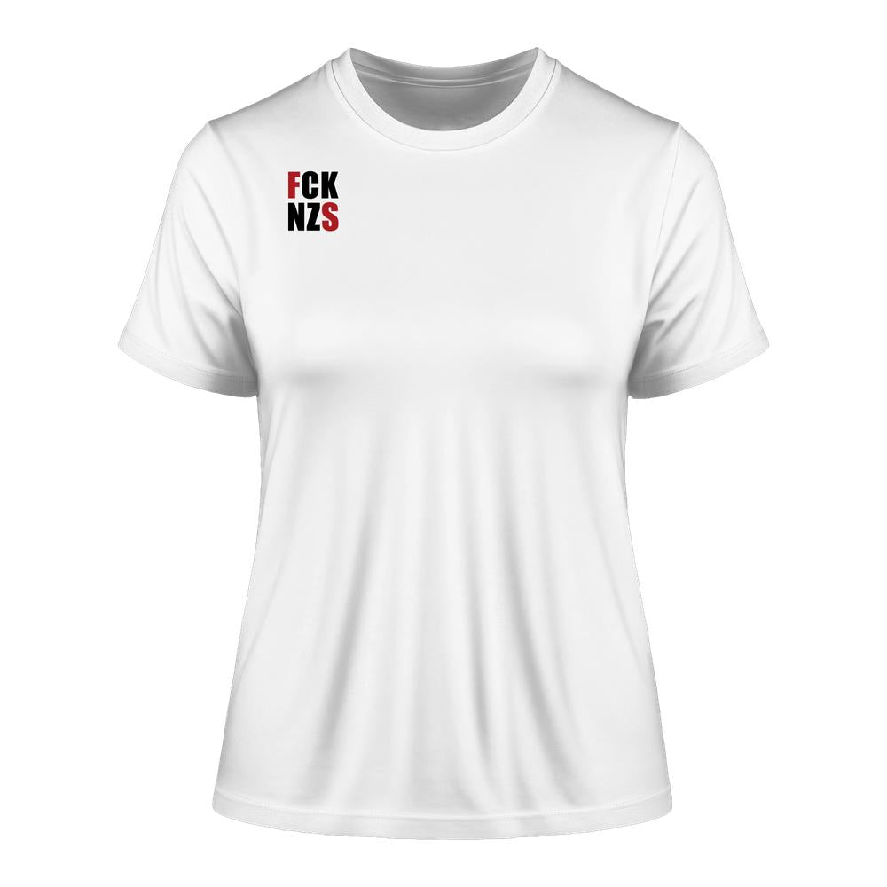 Vegan und Bio Ladies Shirt: FCK NZS mit roten Highlights, schmal geschnitten, aus 100% Biobaumwolle, mit antinazistischem Slogan auf der linken Brust.