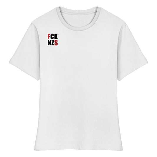 Vegan und Bio Ladies Shirt: FCK NZS mit roten Highlights, weiß, kurzärmelig, enger Schnitt, Slogan auf Brust. Hergestellt aus 100% ringgesponnener Biobaumwolle.