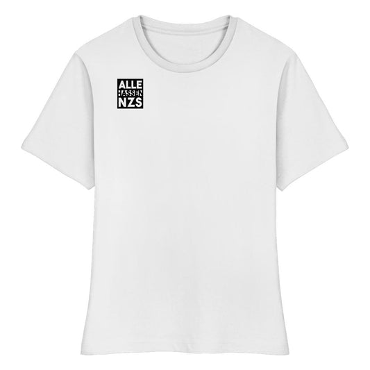 Vegan und Bio Ladies Shirt: ALLE HASSEN NZS! Ein weißes, enges T-Shirt mit Anti-Nazi-Slogan auf der Brust, aus 100 % Bio-Baumwolle, von RUDE REBEL.