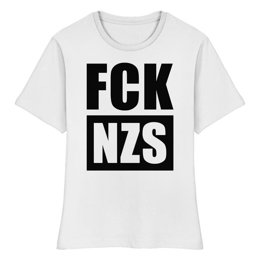Vegan und Bio Ladies Shirt: FCK NZS, weiß mit schwarzem Anti-Nazi-Slogan, aus 100% Bio-Baumwolle, enge Passform, ideal für nachhaltige und rebellische Statements.