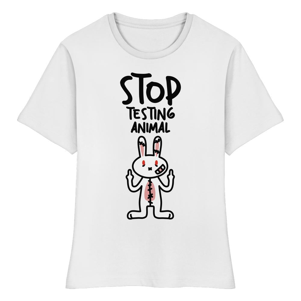 Weißes T-Shirt mit handgezeichnetem Angry Rabbit-Motiv und Aufschrift STOP TESTING ANIMAL, aus 100 % Bio-Baumwolle. Veganes, nachhaltiges Design von RUDE REBEL.