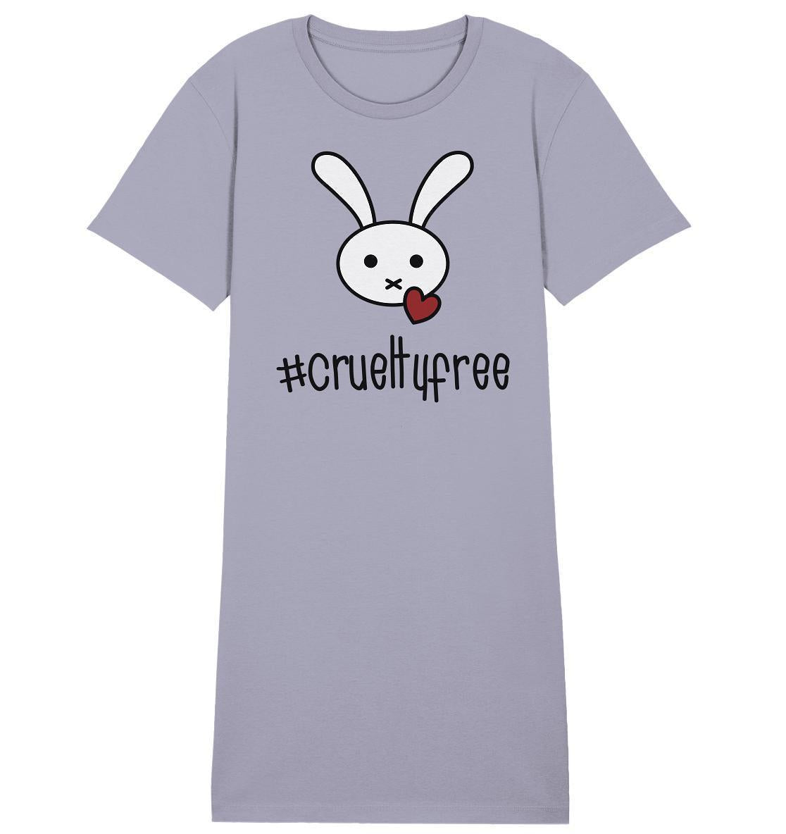 Vegan und Bio Shirt Kleid mit weißem Cartoon-Hase und Herz auf lila Hintergrund, aus 100% Bio-Baumwolle, repräsentiert tierleidfreie Kosmetik.
