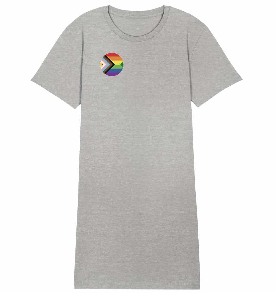 Vegan und Bio Shirt Kleid: LGBTQAI+ Veganismus, graues T-Shirt mit Regenbogen-Logo, aus Bio-Baumwolle, normaler Schnitt, von RUDE REBEL.