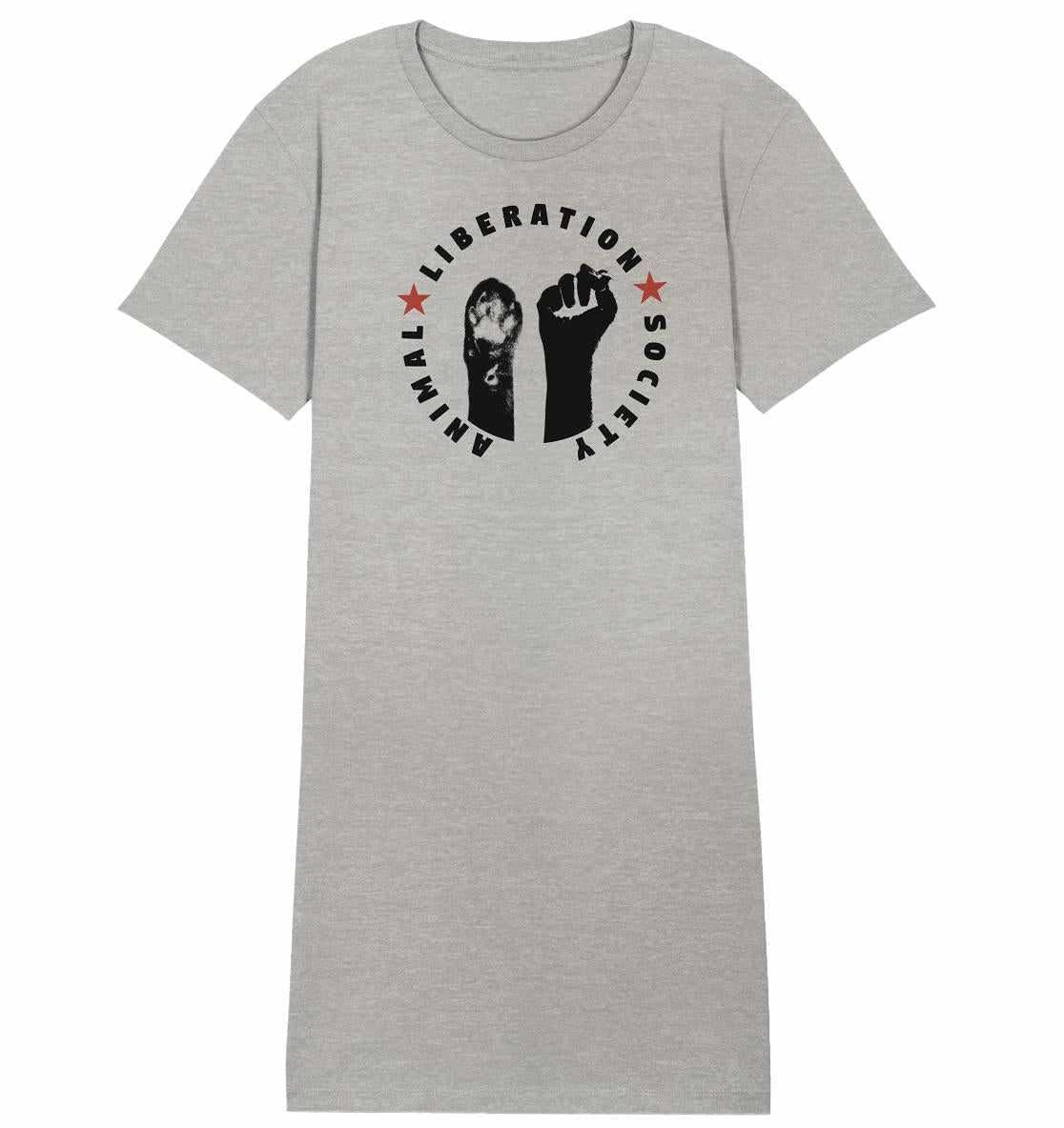 Vegan und Bio Shirt Kleid mit schwarzer Katze, erhobener Pfote und roter Sterne, symbolisiert Tierrechte und Nachhaltigkeit. Perfekt für Tierbefürworter.