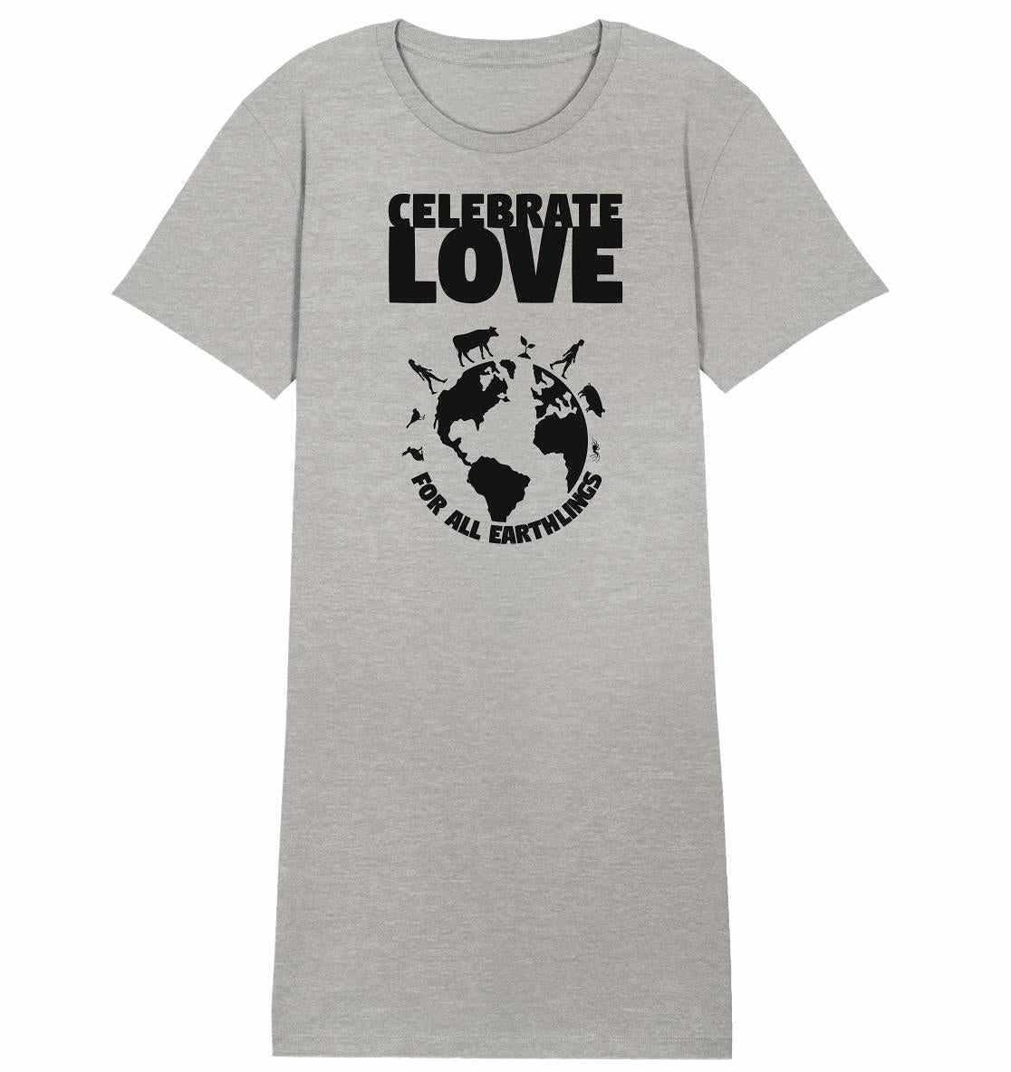 Vegan und Bio Shirt Kleid: Celebrate Love For All Earthlings, graues T-Shirt mit schwarzem Text und Tier-Globus-Design, aus Bio-Baumwolle, normaler Schnitt.