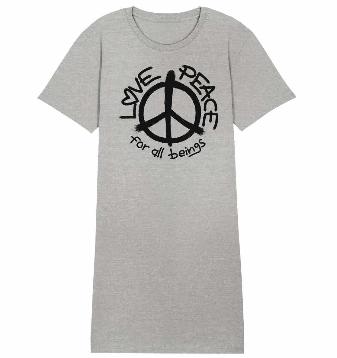 Vegan und Bio Shirt Kleid mit Peace-Zeichen, aus 100% Bio-Baumwolle, repräsentiert Liebe und Frieden. Perfekte Wahl für umweltbewusste Rebell:innen.