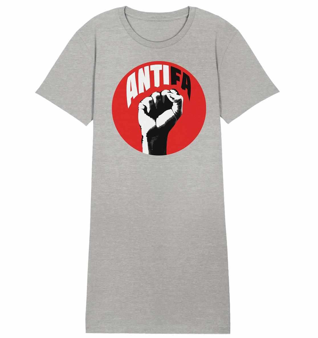Vegan und Bio Shirt Kleid: Antifa - Gemeinsam gegen Rechts, graues Shirt mit erhobener Faust in rotem Kreis, aus Bio-Baumwolle, normaler Schnitt, zeigt Flagge gegen Hass.