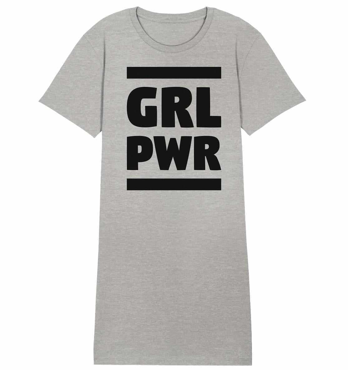 Vegan und Bio Shirt Kleid: GIRL POWER, graues T-Shirt mit feministischem Text, aus 100 % Bio-Baumwolle, normaler Schnitt, nachhaltige Produktion.