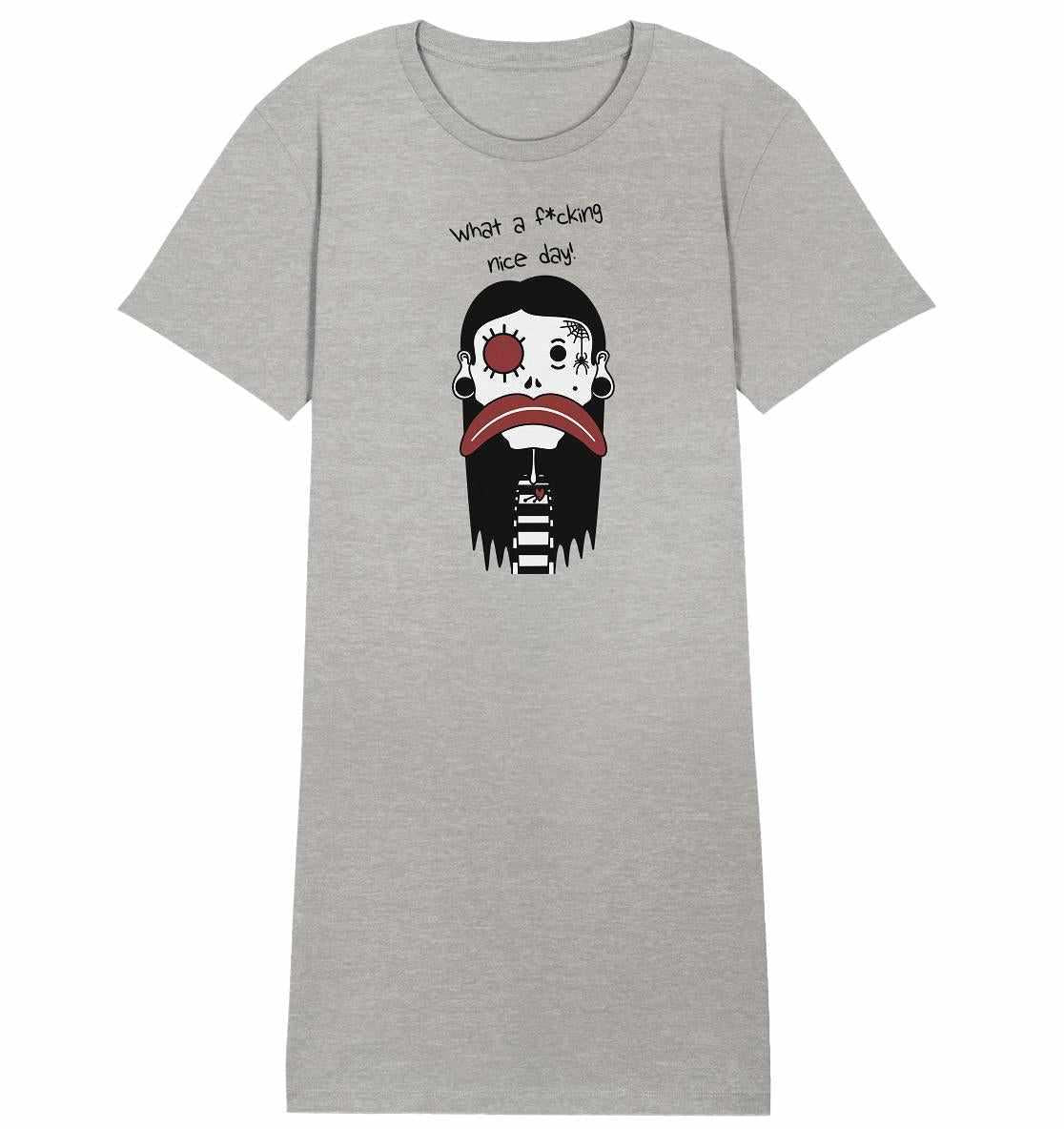 Vegan und Bio Shirt Kleid: Mental health – Bad Day, graues T-Shirt mit Cartoon einer Frau, roter Zunge, schwarzem und weißem Gesicht, aus Bio-Baumwolle.