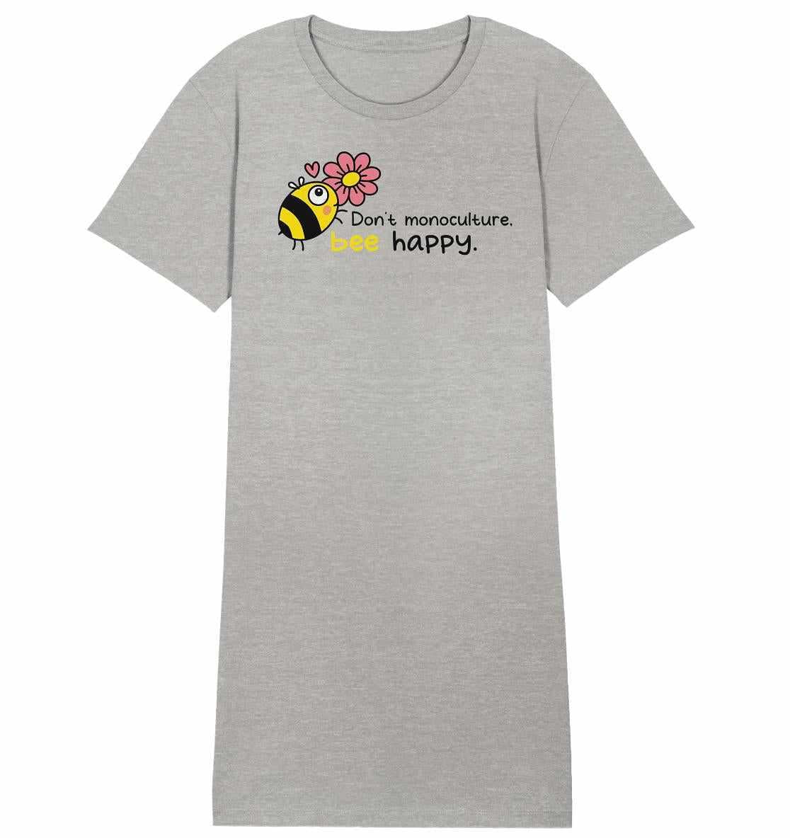 Vegan und Bio Shirt Kleid: Save the bees, graues T-Shirt mit Cartoon-Biene und Blume, aus Bio-Baumwolle für Insektenschutz und nachhaltige Landwirtschaft.