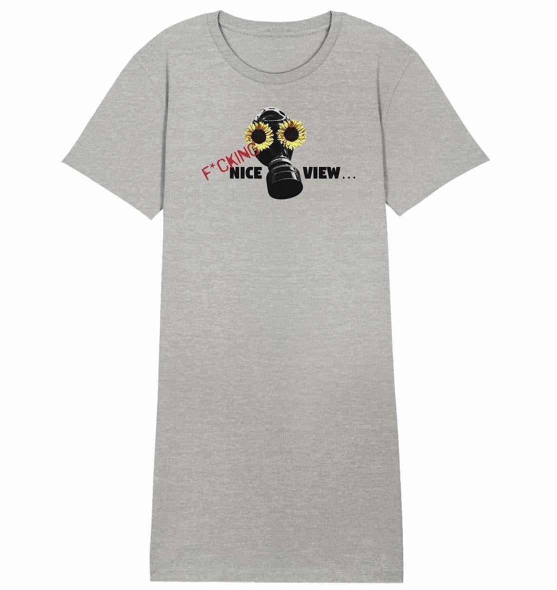 Graues T-Shirt mit Gasmaske und Sonnenblumen, aus Bio-Baumwolle. Veganes, nachhaltiges Design, inspiriert von Umweltschutz und zukunftsorientierter Lebensweise.