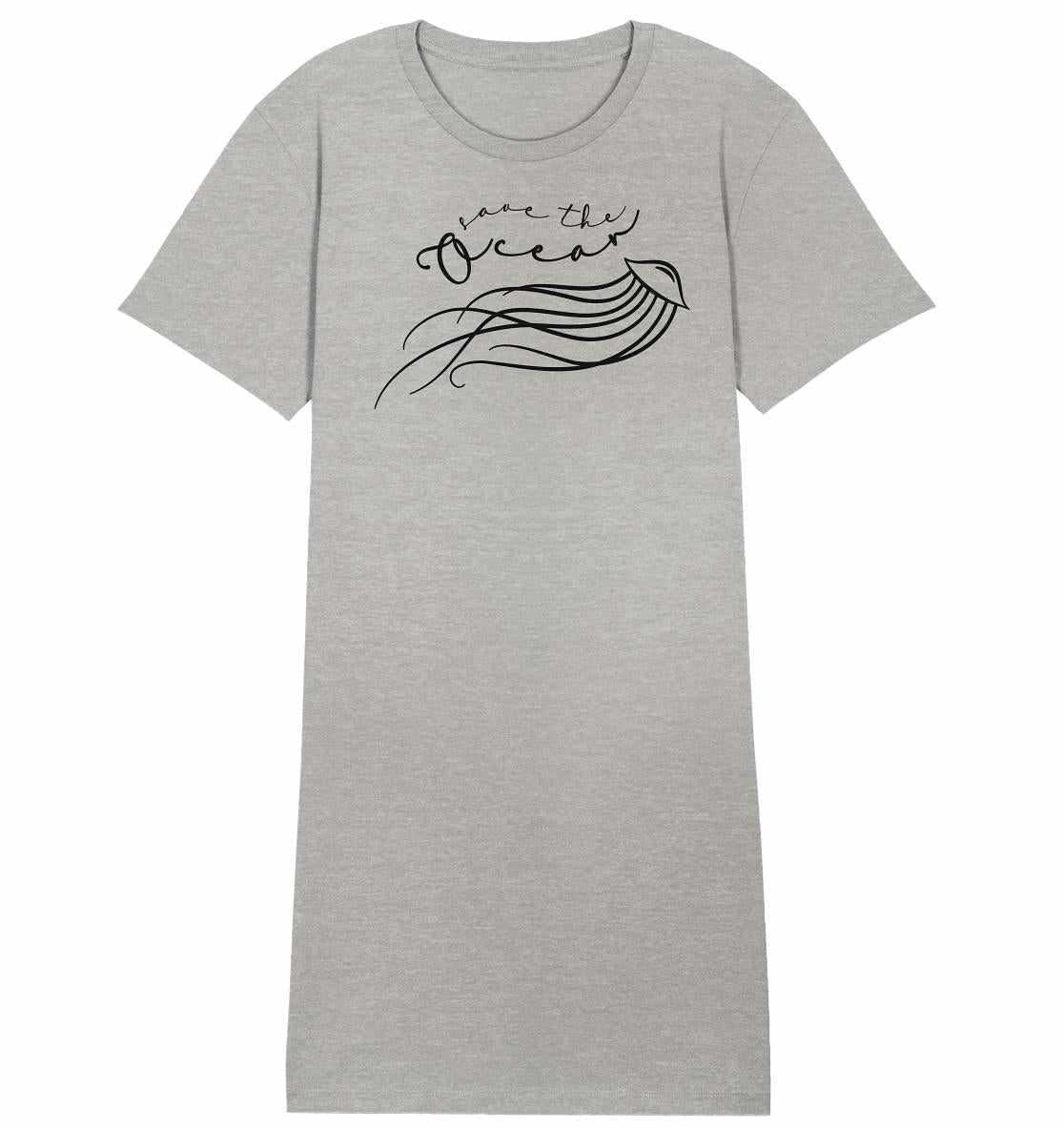 Vegan und Bio Shirt Kleid: Save the Ocean - Minimalist Jellyfish, graues T-Shirt mit Quallen-Grafik und Save the Ocean-Aufruf, aus Bio-Baumwolle.
