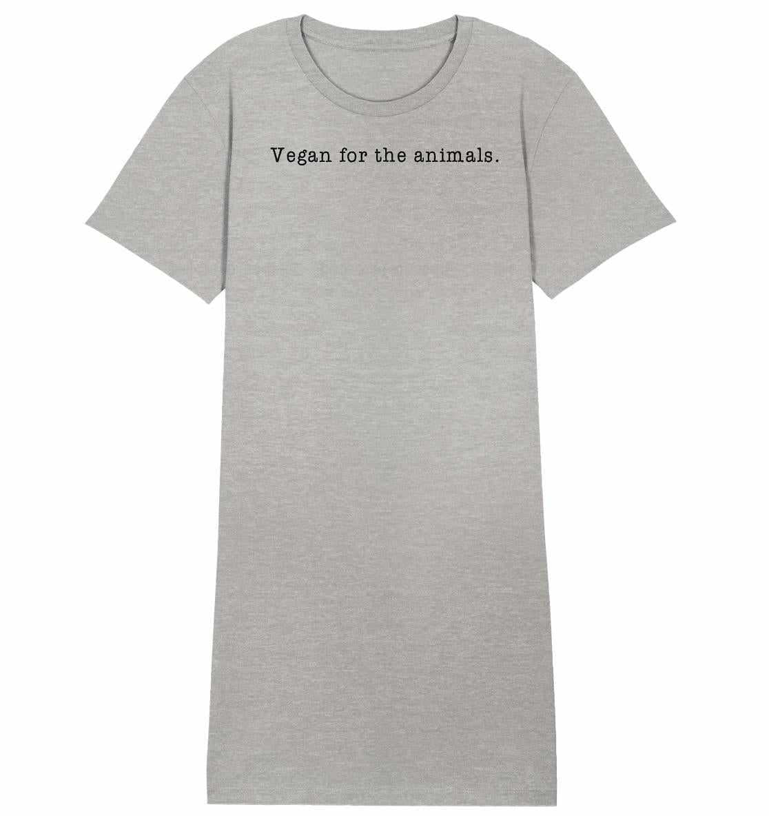 Vegan und Bio Shirt Kleid mit schwarzem Text Vegan for the animals, aus 100% Bio-Baumwolle, von RUDE REBEL.