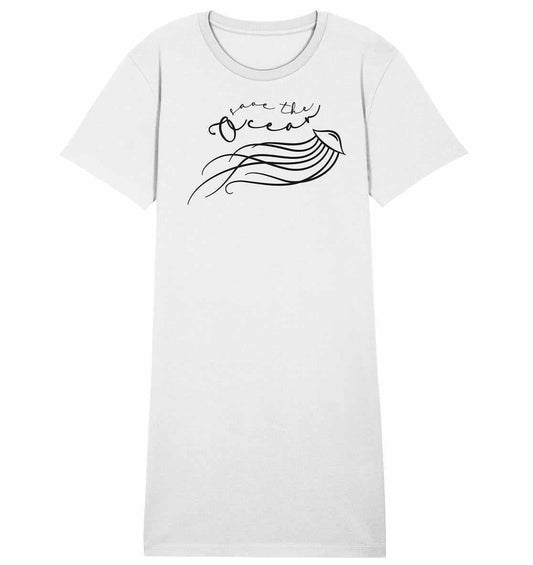 Vegan und Bio Shirt Kleid: Save the Ocean - Minimalist Jellyfish, zeigt eine filigrane Qualle mit Apell für Meeresschutz auf einem weißen T-Shirt aus Bio-Baumwolle.