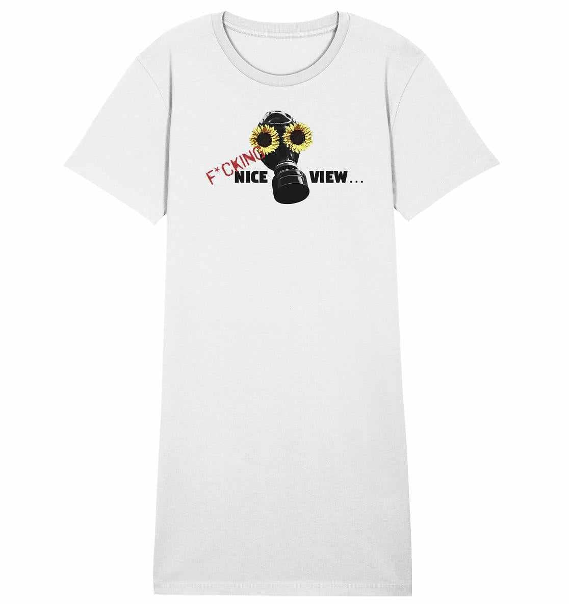 Vegan und Bio Shirt Kleid: Weißes T-Shirt mit Gasmaske und Sonnenblumen-Motiv, aus Bio-Baumwolle, fördert nachhaltigen Lebensstil.