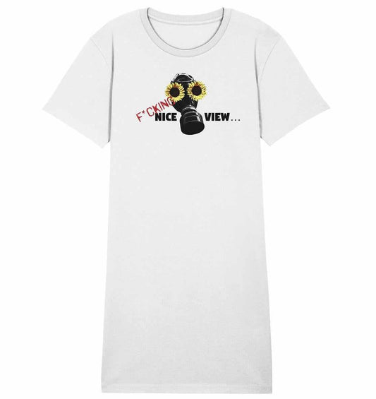 Vegan und Bio Shirt Kleid: Weißes T-Shirt mit Gasmaske und Sonnenblumen-Motiv, aus Bio-Baumwolle, fördert nachhaltigen Lebensstil.