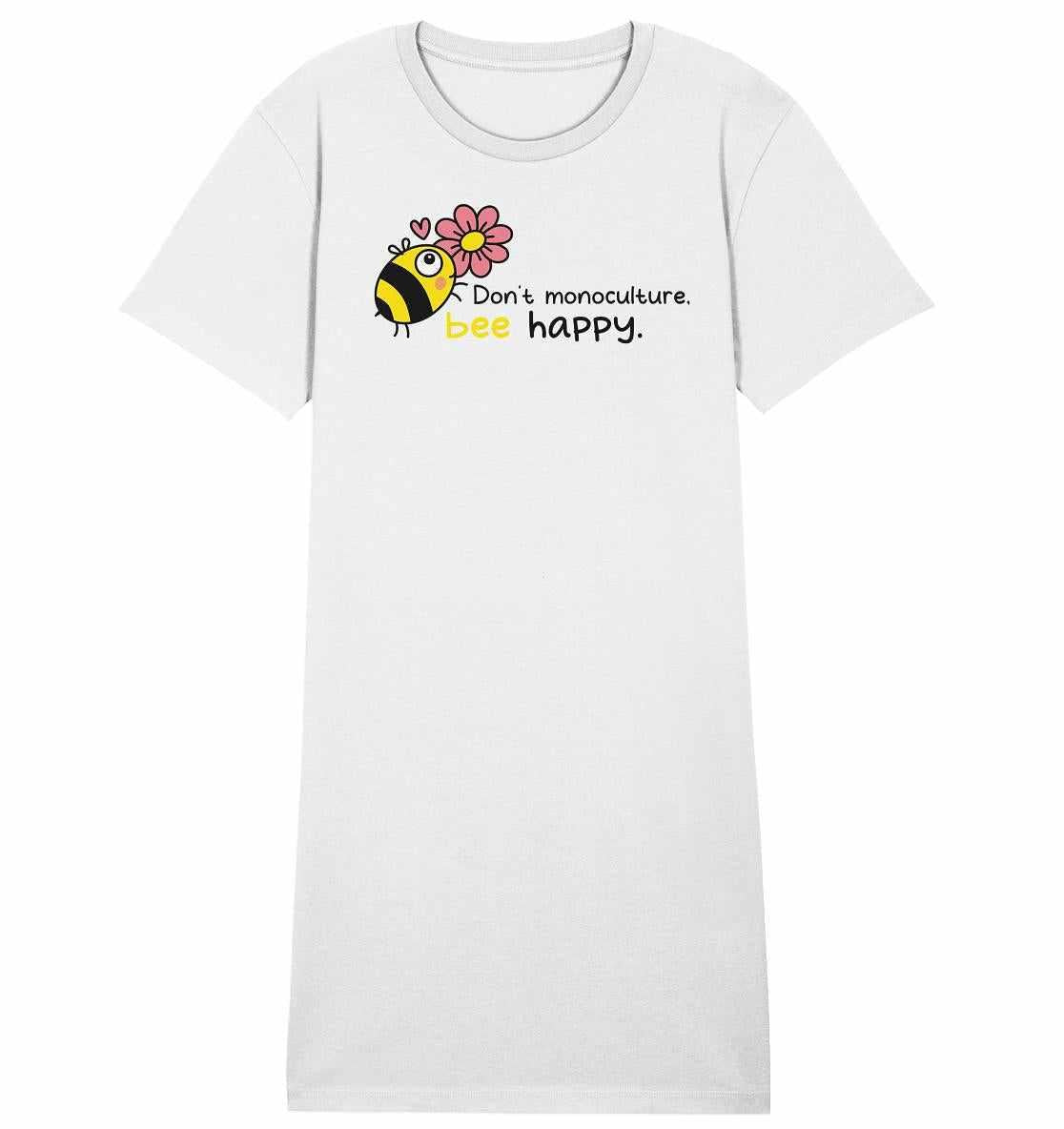 Vegan und Bio Shirt Kleid mit Bienen- und Blumenmotiv, aus nachhaltiger Bio-Baumwolle, symbolisiert Insektenschutz und Naturschutz. Designed von RUDE REBEL, fördert Vielfalt und Umweltbewusstsein.