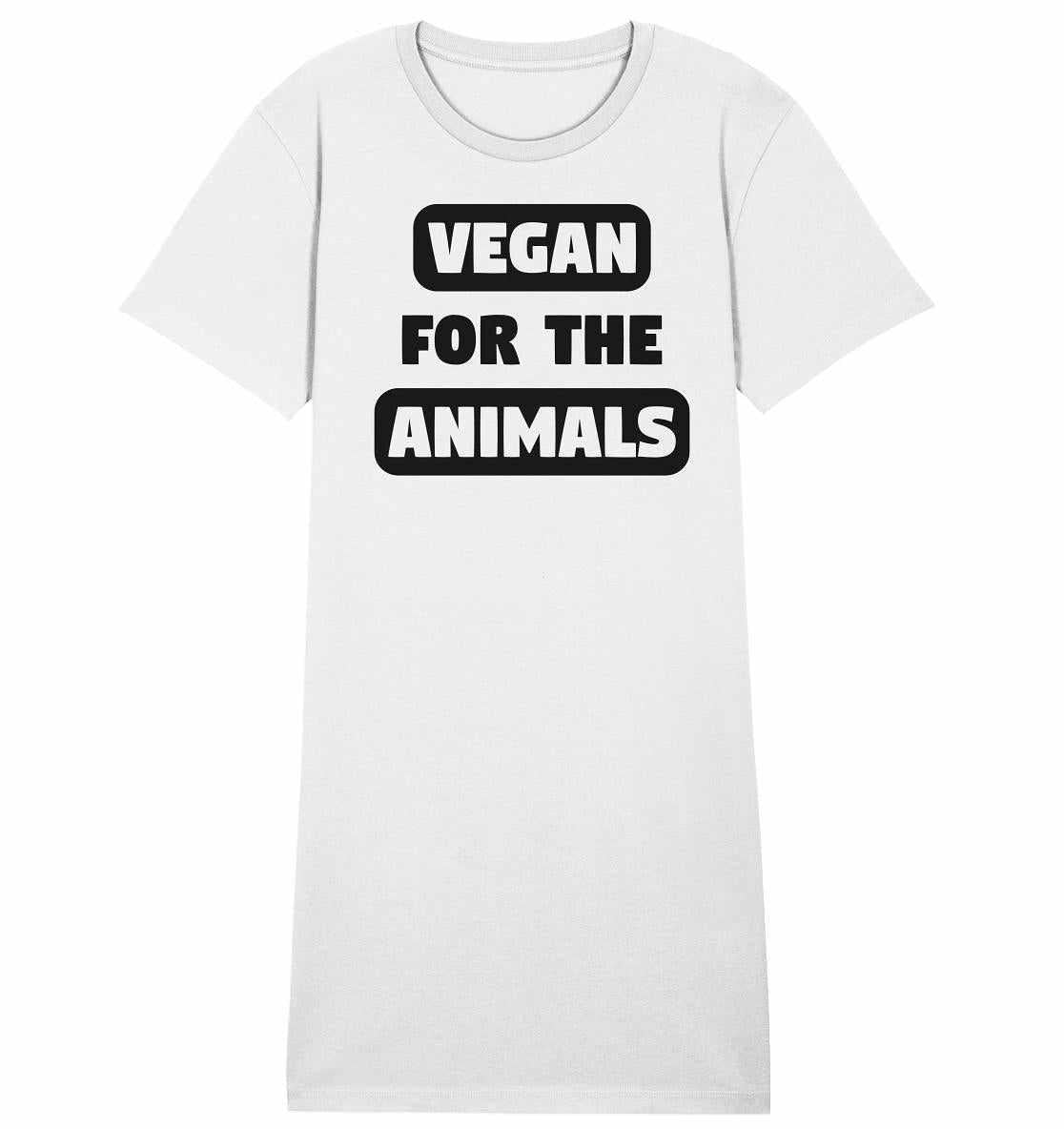 Weißes Bio-T-Shirt mit schwarzem Text VEGAN FOR THE ANIMALS, hergestellt aus 100% Bio-Baumwolle, symbolisiert vegane Lebenseinstellung und Tierrechte.