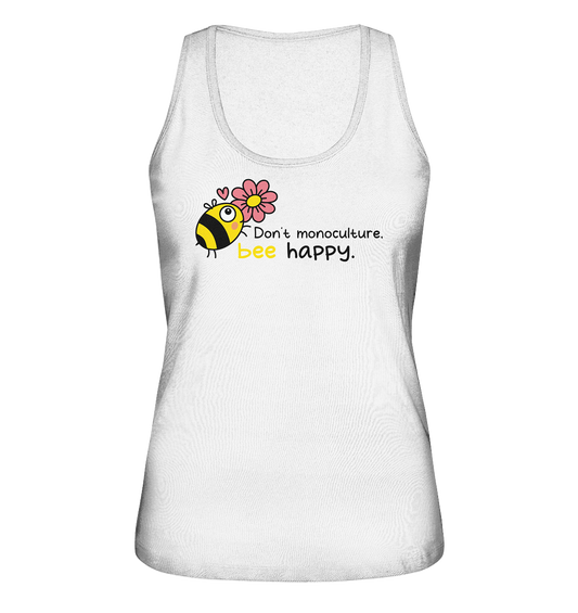 Vegan & Organic Ladies Tank-Top: Save the bees (bedruckt mit süßer Biene im Comic Stil, kleinem rosa Herz und Blume, Schriftzug, Vegan Merch, Insektenschutz, Rettet die Bienen, Wildbienen schützen, Tierschutz) in weiß