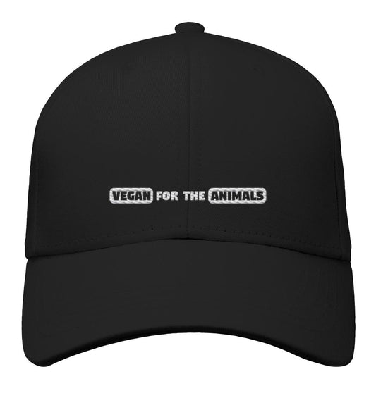 Vegan und Bio Baseball Cap: VEGAN FOR THE ANIMALS, schwarze Kappe mit weißem Schriftzug, aus Bio-Baumwolle, umweltfreundlich hergestellt, verstellbar mit Klettverschluss.