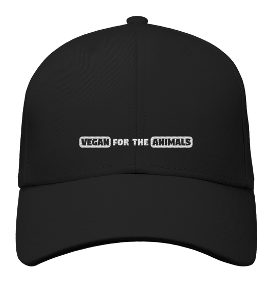 Vegan & Organic Baseball Cap: VEGAN FOR THE ANIMALS (Schriftzug in Großbuchstaben, Tierschutz, Veganismus, Statement-Kappe) in schwarz