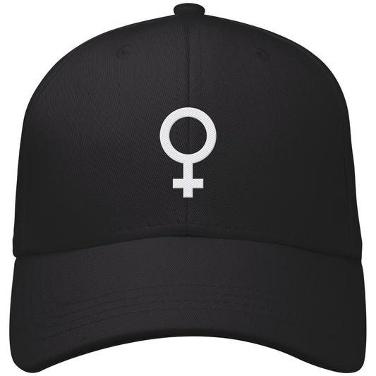 Schwarze Baseballkappe mit weißem Venussymbol, symbolisiert feministischen Kampf, aus 100% Bio-Baumwolle, verstärkte Frontpanels, Klettverschluss, wattiertes Schweißband; von RUDE REBEL.