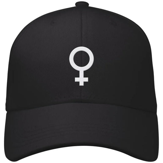 Schwarze Baseballkappe mit besticktem feministischen Symbol vorn