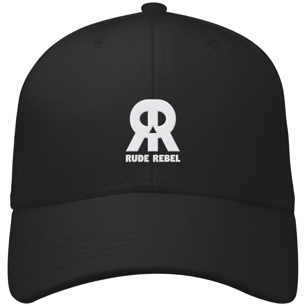 Schwarze Baseball Cap mit RUDE REBEL Logo auf der Vorderseite