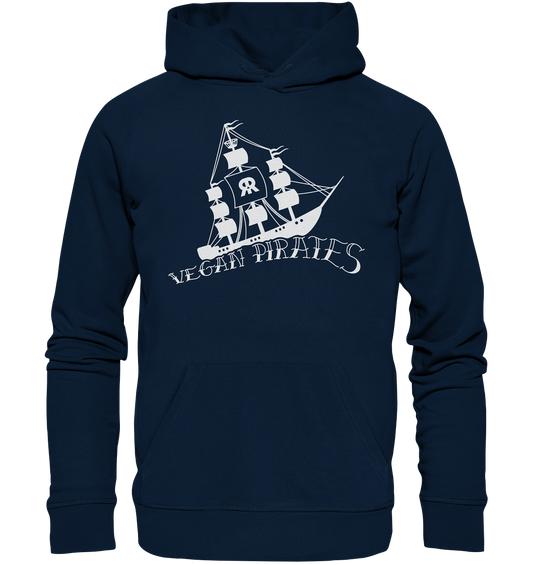 Vegan, Organic & Recycled Hoodie: Vegan Pirates (Piratenschiff und Oldschool Schriftzug) in dunkelblau