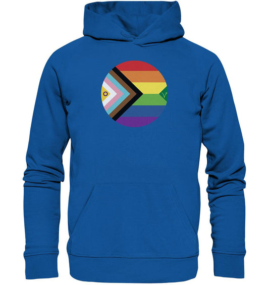 Vegan und Bio Hoodie: LGBTQAI+ Veganismus, blauer Kapuzenpullover mit Regenbogen-Logo und Kängurutasche, aus Bio-Baumwolle und recyceltem Material, von RUDE REBEL.