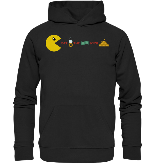 Vegan, Organic & Recycled Hoodie: PAC-MAN - Eat the rich (bedruckt mit PAC-MAN, der einen Diamantring, Geldschein und Goldbarren + Schriftzug isst, das Design befindet sich zwischen Hals und Brust) auf schwarz