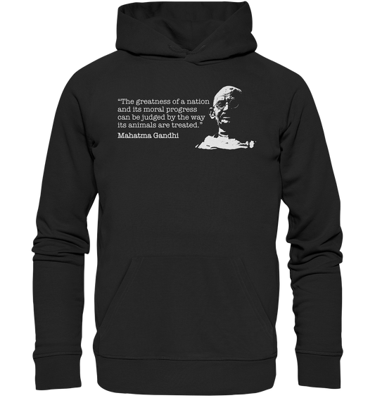 Vegan, Organic & Recycled Hoodie: Mahatma Gandhi - Vegan Quote (bedruckt mit Portrait von Gandhi in Schwarz Weiß und Zitat, Tierrechte, Tierschutz, Veganismus) in schwarz