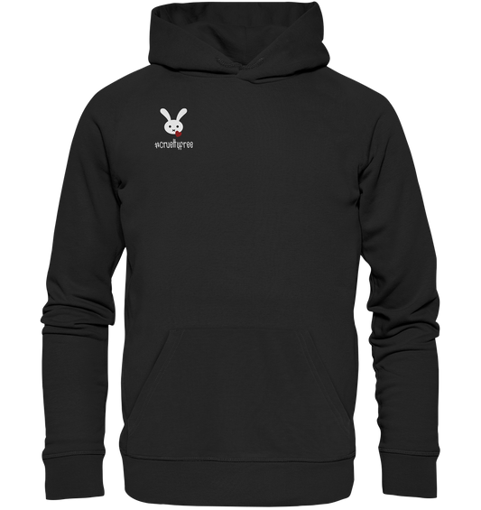 Vegan, Organic & Recycled Hoodie: Crueltyfree Bunny(weißes süßes Häschen und rotes Herz mit Schriftzug, gegen Tierersuche in der Kosmetikindustrie, Vegan für die Tiere, Veganismus) in schwarz