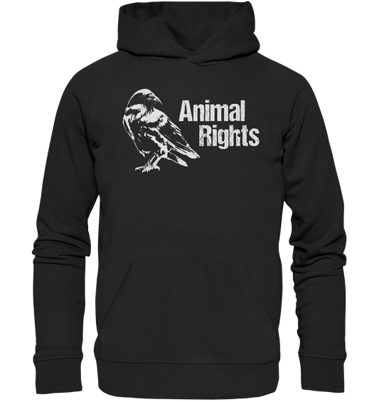 Vegan, Organic & Recycled Hoodie: Raven - Animal Rights (bedruckt mit Rabe im Schwellenwert - Stil und der Aufschrift "Animal Rights", Tierschutz, Tierrechte, Aktivismus) in der Farbe schwarz